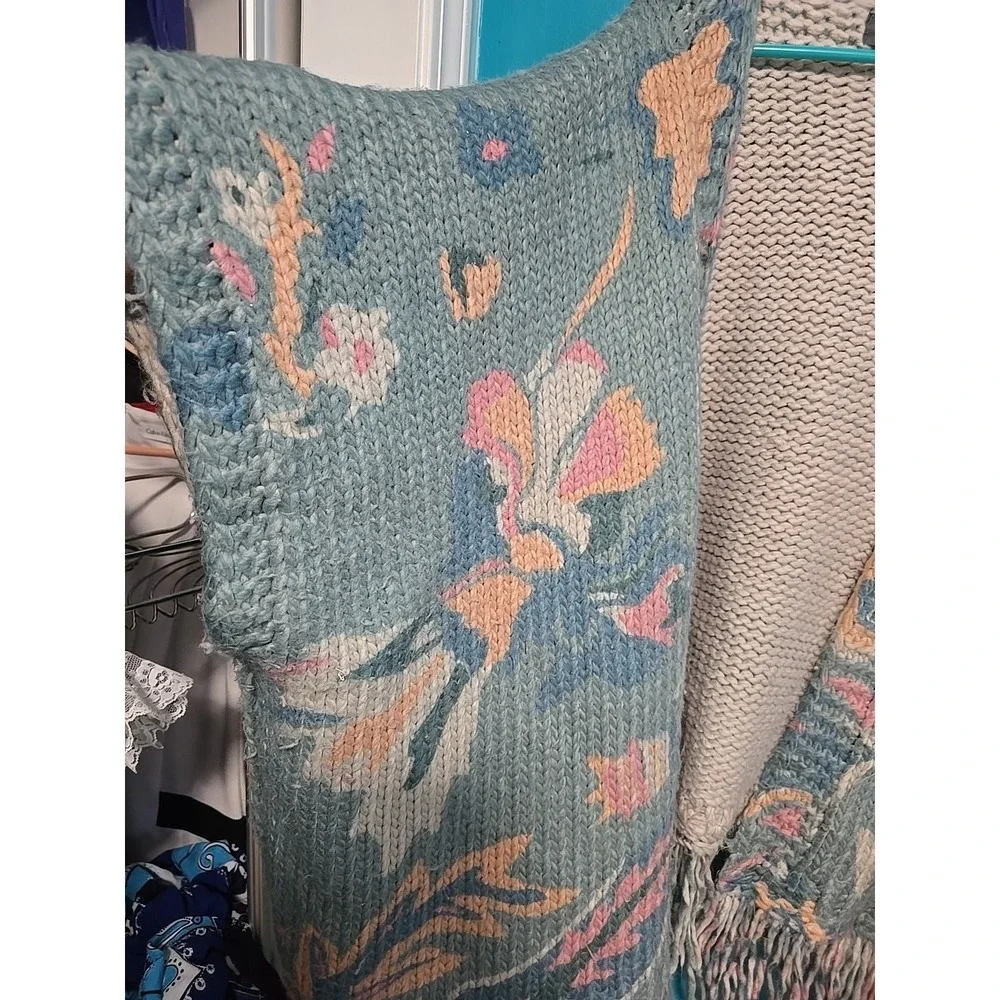Anthropologie Floral Blue Pink  Duster Cardigan One Size fits all Fringe